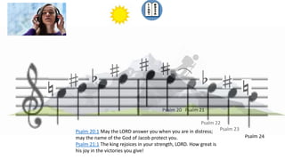 Psalm 24
Psalm 23
Psalm 22
Psalm 20 Psalm 21
Psalm 20:1 May the LORD answer you when you are in distress;
may the name of ...
