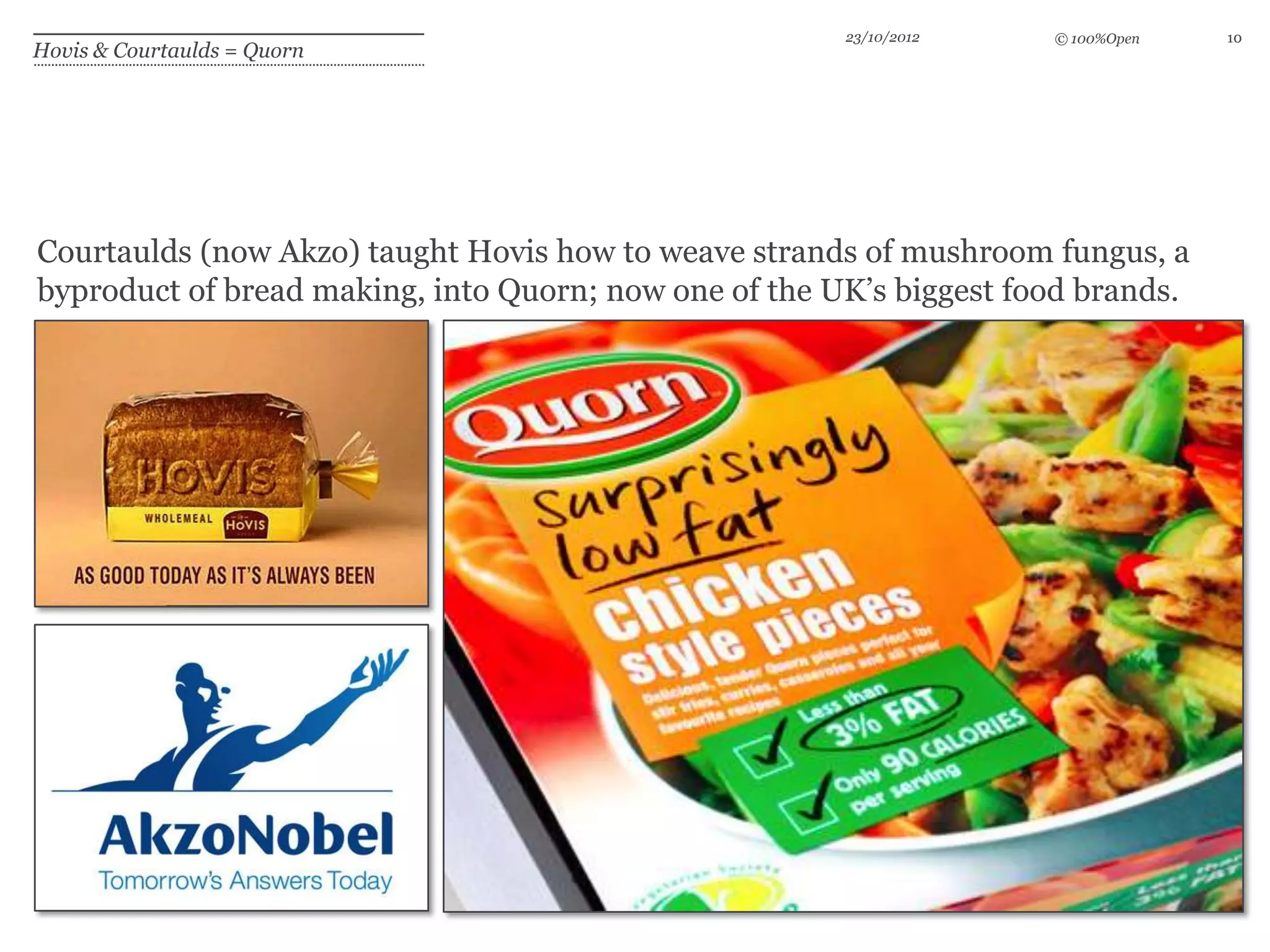 23/10/2012    © 100%Open   10
Hovis & Courtaulds = Quorn




Courtaulds (now Akzo) taught Hovis how to weave strands of mushroom fungus, a
byproduct of bread making, into Quorn; now one of the UK’s biggest food brands.
 