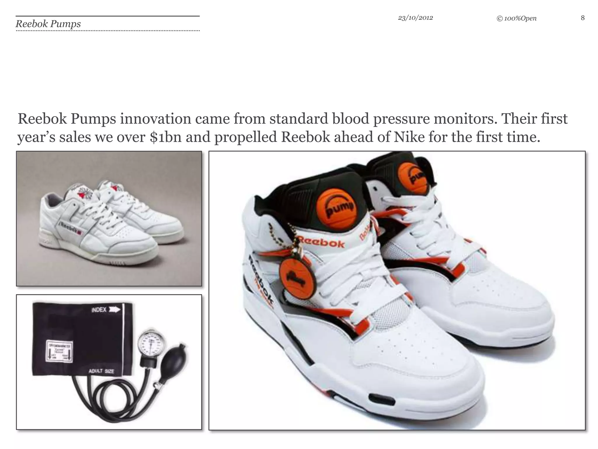 23/10/2012    © 100%Open    8
Reebok Pumps




Reebok Pumps innovation came from standard blood pressure monitors. Their first
year’s sales we over $1bn and propelled Reebok ahead of Nike for the first time.
 