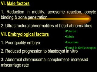 VI.  Male factors 1. Reduction in motility, acrosome reaction, oocyte binding & zona penetration 2. Ultrastructural abnormalities of head abnormalities VII.  Embryological factors 1. Poor quality embryo 2. Reduced progression to blastocyst in vitro 3. Abnormal chromosomal complement- increased miscarriage rate Putative Subtle Uncertain Found in fertile couples 