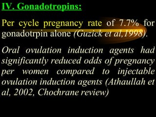 IV. Gonadotropins: Per cycle pregnancy rate  of 7.7% for gonadotrpin alone  (Guzick et al,1998). Oral ovulation induction agents had significantly reduced odds of pregnancy per women compared to injectable ovulation induction agents (Athaullah et al, 2002, Chochrane review) 