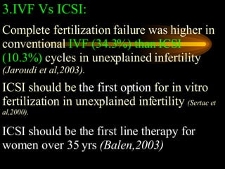 3.IVF Vs ICSI: Complete fertilization failure was higher in conventional  IVF (34.3%) than ICSI (10.3%)  cycles in unexplained infertility  (Jaroudi et al,2003).   ICSI should be  the first option  for in vitro fertilization in unexplained infertility  (Sertac et al,2000).  ICSI should be the first line therapy for women over 35 yrs  (Balen,2003) 