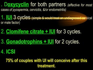 .   D oxycyclin   for both partners  (effective for most cases of pyospermia, cervicitis, &/or endometritis) 1.  IUI  3 cycles  (simple & would treat an undiagnosed cervical or male factor) 2.  Clomifene citrate + IUI  for 3 cycles. 3.  Gonadotrophins + IUI  for 2 cycles. 4.   ICSI 75% of couples with UI will conceive after this treatment. 