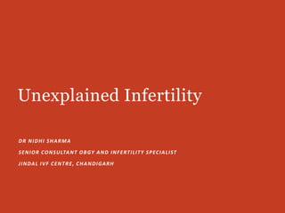 Unexplained Infertility
DR NIDHI SHARMA
SENIOR CONSULTANT OBGY AND INFERTILITY SPECIALIST
JINDAL IVF CENTRE, CHANDIGARH
 