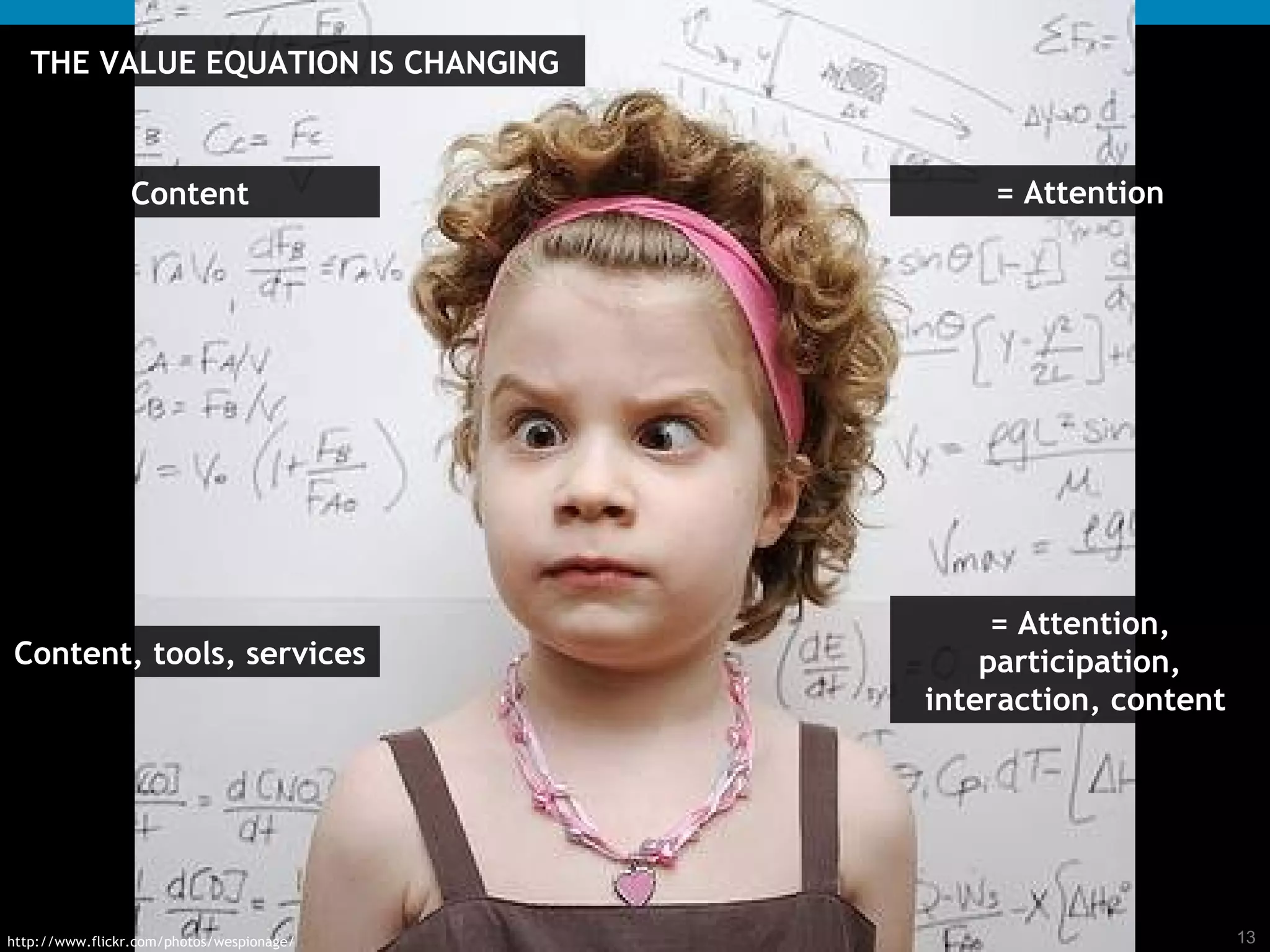 THE VALUE EQUATION IS CHANGING Content = Attention Content, tools, services = Attention, participation, interaction, content  http://www.flickr.com/photos/wespionage/ 