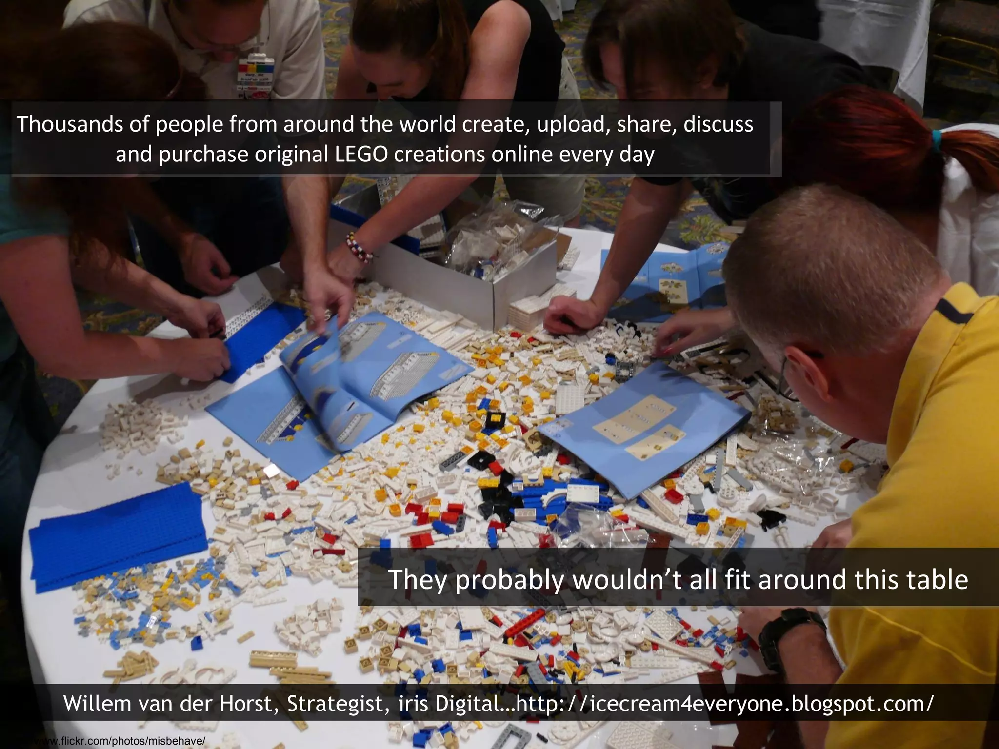 Thousands of people from around the world create, upload, share, discuss and purchase original LEGO creations online every day They probably wouldn’t all fit around this table http://www.flickr.com/photos/misbehave/ Willem van der Horst, Strategist, iris Digital…http://icecream4everyone.blogspot.com/ 