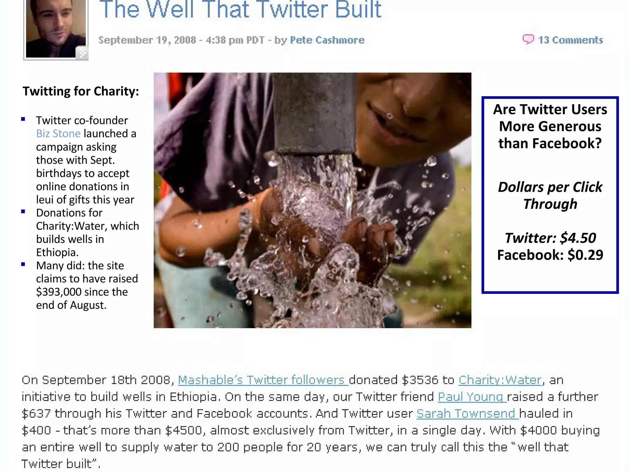Are Twitter Users More Generous than Facebook? Dollars per Click Through Twitter: $4.50 Facebook: $0.29 Twitting for Charity: Twitter co-founder  Biz Stone  launched a  campaign asking those with Sept. birthdays to accept online donations in leui of gifts this year Donations for Charity:Water, which builds wells in Ethiopia.  Many did: the site claims to have raised $393,000 since the end of August. 