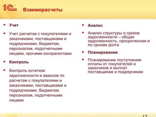 Взаиморасчеты


Учет



Анализ



Учет расчетов с покупателями и
заказчиками, поставщиками и
подрядчиками, бюджетом,
персоналом, подотчетными
лицами, прочими контрагентами



Анализ структуры и сроков
задолженности – общая
задолженность, просроченная и
по срокам долга



Планирование



Планирование поступления
оплаты от покупателей и
заказчиков и выплат
поставщикам и подрядчикам



Контроль



Контроль остатков
задолженности и авансов по
расчетам с покупателями и
заказчиками, поставщиками и
подрядчиками, бюджетом,
персоналом, подотчетными
лицами

 