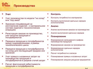 Производство


Учет



Контроль



Учет производства по модели "на склад"
или "под заказ"



Контроль потребности в материалах



Контроль выполнения сдельных нарядов
исполнителями



Анализ



Анализ выполнения заказов на производство



Анализ выполнения сдельных нарядов



Планирование



Формирование календарного графика
производства продукции



Формирование заказов на производство

Передача продукции и полуфабрикатов
на склад для последующей продажи или
хранения



Формирование сдельных нарядов
исполнителям



Расчет потребности в запасах

Учет прямых и косвенных затрат на
производство продукции и
полуфабрикатов в разрезе статей затрат



Планирование прямых и косвенных затрат



Планирование загрузки ресурсов предприятия













Хранение спецификаций на
изготовление изделий – о материальном
составе изделий и технологических
операциях
Регистрация заказов на производство,
учет выпуска продукции и
полуфабрикатов
Передача продукции и полуфабрикатов
между подразделениями, в рамках
технологического цикла

Расчет фактической себестоимости
продукции и полуфабрикатов

 
