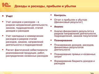 Доходы и расходы, прибыли и убытки









Контроль





Учет доходов и расходов – в
разрезе направлений деятельности,
заказов, подразделений, статей
доходов и расходов

Отчет о прибылях и убытках
(финансовый результат)



Анализ



Учет накладных и коммерческих
расходов в разрезе статей
расходов, заказов, направлений
деятельности и подразделений

Анализ финансового результата в
разрезе направлений деятельности,
подразделений, заказов покупателей



Планирование



Планирование доходов, расходов,
финансовых результатов
деятельности



Планирование прямых и косвенных
затрат



Формирование бюджета доходов и
расходов

Учет

Расчет фактической себестоимости
реализованной продукции, работ,
распределение косвенных расходов

 