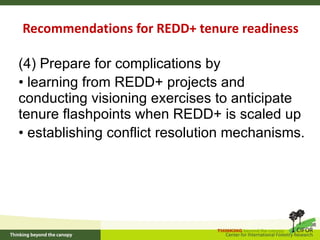 Recommendations for REDD+ tenure readiness <ul><li>(4) Prepare for complications by  </li></ul><ul><li>learning from REDD+...