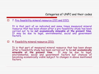 Categories of UNFC and their codes
 7. Pre-feasibility mineral resource (221 and 222):
It is that part of an indicated and some times measured mineral
resource that has been shown after a pre-feasibility study has been
carried out to be not economically mineable at the present time.
It may be due to legal, environmental, social and government
factors.
 8. Feasibility mineral resource (211):
It is that part of measured mineral resource that has been shown
after a feasibility study has been carried out to be not economically
mineable at the present time. It may be due to legal,
environmental, social and government factors but chances of
becoming economically viable subject to changes in above mentioned
factors.
 