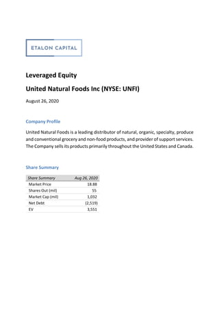Leveraged Equity
United Natural Foods Inc (NYSE: UNFI)
August 26, 2020
Company Profile
United Natural Foods is a leading distributor of natural, organic, specialty, produce
and conventional grocery and non-food products, and provider of support services.
The Company sells its products primarily throughout the United States and Canada.
Share Summary
Share Summary Aug 26, 2020
Market Price 18.88
Shares Out (mil) 55
Market Cap (mil) 1,032
Net Debt (2,519)
EV 3,551
 