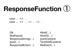 ResponseFunction ①
 case … => …
 case … => … ~> … ~> …



 Ok                  Html(…)
 NotFound            Html5(…)
 ResponseString(…)   JsonContent
 Json(…)             TextXmlContent
 ResponseWriter(…)   Redirect(…)
 
