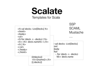 Scalate
             Templates for Scala

                                               SSP
<% val decks: List[Decks] %>                   SCAML
<html>
<body>
                                               Mustache
<ul>                                           …
<% for (deck <- decks) { %>
<li><%= deck.name%></li>
<% } %>                       -@ val decks: List[Decks]
</ul>                         %html
</body>      <html>            %body
</html>      <body>             %ul
             <ul>                - for (deck <- decks)
             {{#decks}}           %li= deck.name
             <li>{{name}}</li>
             {{/decks}}
 