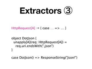 Extractors ③
HttpRequest[A] → { case … => … }


object DotJson {
  unapply[A](req: HttpRequest[A]) =
   req.uri.endsWith(".json")
}

case DotJson() => ResponseString("Json!")
 