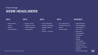 SXSW HEADLINERS
2012 2013 2014 2015 2016/2017
• Ambient location
• Curation
• Mobile 1st
• Social Storytelling
• Big data + context
• Distribution > Virality
• Creative collaboration
• Humanised tech
• Currency Alternatives
• Body/brain hacks/history
• Integrated interactive
intuition
• Paranoia → Anonymity
• AI & Transhumanism
• VR & Agile Storyworlds
• Streams
• Enforced Equality
• Health & Med-tech
• Artificial Intelligence
• Transportation 2.0
• Gen Z > Gen Y
• Neuroscience
• Chinese startups
• Convergence
• Diversity
• Chatbots
• TV Reimagined
• Fear of Future Robot
• Privacy & Security
• Journalism vs Personal
Publishing
• Trump’s ‘Cyber’ AgendaHugh Forrest, Chief Programming Officer @ SXSW
6 Years of Change
 