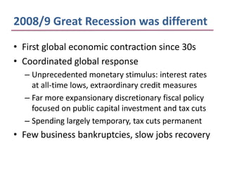 2008/9 Great Recession was different
• First global economic contraction since 30s
• Coordinated global response
  – Unprecedented monetary stimulus: interest rates
    at all-time lows, extraordinary credit measures
  – Far more expansionary discretionary fiscal policy
    focused on public capital investment and tax cuts
  – Spending largely temporary, tax cuts permanent
• Few business bankruptcies, slow jobs recovery
 