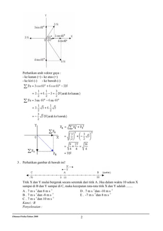 Perhatikan arah vektor gaya :
          - ke kanan (+) - ke atas (+)
          - ke kiri (-) - ke bawah (-)




    3 . Perhatikan gambar di bawah ini!




          Titik X dan Y mulai bergerak secara serentak dari titik A. Jika dalam waktu 10 sekon X
          sampai di B dan Y sampai di C, maka kecepatan rata-rata titik X dan Y adalah ........
          A . 7 m s -1 dan 8 m s -1                  D . 7 m s -1 dan -10 m s -1
                    -1             -1                            -1          -1
          B . 7 m s dan -8 m s                       E . -7 m s dan 8 m s
                    -1              -1
          C . 7 m s dan 10 m s
          Kunci : B
          Penyelesaian :

Ebtanas/Fisika/Tahun 2000                            2
 