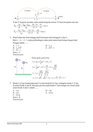 X dan Y bergerak serentak, maka setelah bergerak selama 10 sekon kecepatan rata-rata :




    4 . Buah kelapa dan buah mangga jatuh bersamaan dari ketinggian h 1 dan h 2 .
        Bila h 1 : h 2 = 2 : 1, maka perbandingan waktu jatuh antara buah kelapa dengan buah
        mangga adalah ........
        A. 1:2                                      D. 2:1
        B. 1:2                                      E. 2 :1
        C.       :1
        Kunci : C
        Penyelesaian :




    5 . Benda A (2 kg) berada pada jarak 5 m dari benda B (4,5 kg), sedangkan benda C (3 kg)
        di antara benda A dan B. Jika gaya gravitasi pada benda C sama dengan nol, berarti jarak
        antara benda A dan C adalah ........
        A. 1m                                       D. 3m
        B. 2m                                       E . 4,5 m
        C . 2,5 m
        Kunci : B
        Penyelesaian :




Ebtanas/Fisika/Tahun 2000                            3
 