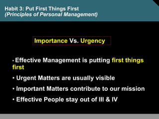 Habit 3: Put First Things First
(Principles of Personal Management)
• Effective Management is putting first things
first
• Urgent Matters are usually visible
• Important Matters contribute to our mission
• Effective People stay out of III & IV
Importance Vs. Urgency
 