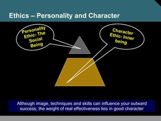 Ethics – Personality and Character
Although image, techniques and skills can influence your outward
success, the weight of real effectiveness lies in good character
 