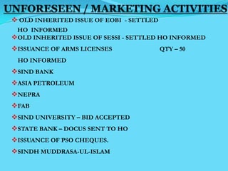 OLD INHERITED ISSUE OF EOBI - SETTLED
 HO INFORMED
OLD INHERITED ISSUE OF SESSI - SETTLED HO INFORMED
ISSUANCE OF ARMS LICENSES                QTY – 50
 HO INFORMED
SIND BANK
ASIA PETROLEUM
NEPRA
FAB
SIND UNIVERSITY – BID ACCEPTED
STATE BANK – DOCUS SENT TO HO
ISSUANCE OF PSO CHEQUES.
SINDH MUDDRASA-UL-ISLAM
 