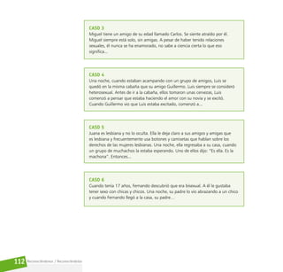 Reconociéndonos / Reconociéndolos
112
CASO 3
Miguel tiene un amigo de su edad llamado Carlos. Se siente atraído por él.
Miguel siempre está solo, sin amigas. A pesar de haber tenido relaciones
sexuales, él nunca se ha enamorado, no sabe a ciencia cierta lo que eso
significa...
CASO 4
Una noche, cuando estaban acampando con un grupo de amigos, Luis se
quedó en la misma cabaña que su amigo Guillermo. Luis siempre se consideró
heterosexual. Antes de ir a la cabaña, ellos tomaron unas cervezas, Luis
comenzó a pensar que estaba haciendo el amor con su novia y se excitó.
Cuando Guillermo vio que Luis estaba excitado, comenzó a...
CASO 5
Juana es lesbiana y no lo oculta. Ella le deja claro a sus amigos y amigas que
es lesbiana y frecuentemente usa botones y camisetas que hablan sobre los
derechos de las mujeres lesbianas. Una noche, ella regresaba a su casa, cuando
un grupo de muchachos la estaba esperando. Uno de ellos dijo: “Es ella. Es la
machona”. Entonces...
CASO 6
Cuando tenía 17 años, Fernando descubrió que era bisexual. A él le gustaba
tener sexo con chicas y chicos. Una noche, su padre lo vio abrazando a un chico
y cuando Fernando llegó a la casa, su padre…
 