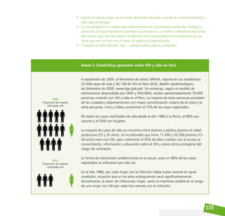 135
• Insistir en que lo mejor es no tener relaciones sexuales cuando se consume alcohol u
otro tipo de drogas.
• La sexualidad es un medio para relacionarnos de una manera profunda, integral y
personal. Es muy importante aprender a conocerse a sí mismo e identificar las zonas
del cuerpo que nos dan placer. El ejercicio de la sexualidad es una experiencia que
tiene que ver no solo con el pene, la vagina y la penetración.
• “Usando condón disfruto más… porque estoy seguro y relajado”.
Anexo I: Estadísticas generales sobre VIH y sida en Perú
A septiembre de 2009, el Ministerio de Salud, MINSA, reporta en sus estadísticas
23.446 casos de sida y 36.138 de VIH en Perú (DGE, Boletín epidemiológico
de Setiembre de 2009, www.dge.gob.pe). Sin embargo, según el modelo de
estimaciones desarrollado por OMS y ONUSIDA, existen aproximadamente 76.000
personas viviendo con VIH y sida en el Perú. La mayoría de estas personas proceden
de las ciudades y departamentos con mayor concentración urbana de la costa y la
selva peruanas. Lima y Callao concentran el 73% de los casos registrados.
De todos los casos notificados de sida desde el año 1983 a la fecha, el 80% son
varones y el 20% son mujeres.
La mayoría de casos de sida se concentra entre jóvenes y adultos jóvenes en edad
productiva (25 y 35 años). Se ha estimado que entre 11.400 y 20.200 jóvenes (15-
34 años) viven con VIH, pero solamente el 55% de ellos cuentan con el acceso al
conocimiento, información y educación sobre el VIH y sobre cómo protegerse del
riesgo de contraerlo.
La forma de transmisión predominante es la sexual, pues un 96% de los casos
registrados se infectaron por esta vía.
En el año 1986, por cada mujer con la infección había nueve varones en igual
condición, situación que en los años subsiguientes varió significativamente.
Actualmente, la razón de infecciones mujer: varón se mantiene estable en el rango
de una mujer con VIH por cada tres varones con la infección.
1986
Proporción de mujeres
infectadas VIH
2011
Proporción de mujeres
infectadas VIH
 