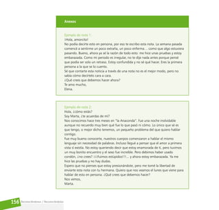 Reconociéndonos / Reconociéndolos
156
Anexos
Ejemplo de nota 1:
¡Hola, amorcito!
No podía decirte esto en persona, por eso te escribo esta nota. La semana pasada
comencé a sentirme un poco extraña, un poco enferma… como que algo estuviera
pasando. Bueno, ahora ya sé la razón de todo esto: me hice unas pruebas y estoy
embarazada. Como mi periodo es irregular, no te dije nada antes porque pensé
que podía ser solo un retraso. Estoy confundida y no sé qué hacer. Eres la primera
persona a la que se lo cuento.
Sé que contarte esta noticia a través de una nota no es el mejor modo, pero no
sabía cómo decírtelo cara a cara.
¿Qué crees que debemos hacer ahora?
Te amo mucho,
Elena.
Ejemplo de nota 2:
Hola, ¿cómo estás?
Soy Marta, ¿te acuerdas de mí?
Nos conocimos hace tres meses en “la Anaconda”. Fue una noche inolvidable
aunque no recuerdo muy bien qué fue lo que pasó ni cómo. Lo único que sé es
que tengo, o mejor dicho tenemos, un pequeño problema del que quiero hablar
contigo.
Fue muy bueno conocerte, nuestros cuerpos comenzaron a hablar el mismo
lenguaje sin necesidad de palabras. Incluso llegué a pensar que el amor a primera
vista sí existía. No estoy queriendo decir que estoy enamorada de ti, pero tuvimos
un muy bonito encuentro y el sexo fue increíble. Pero debimos haber usado
condón, ¿no crees? ¡¡¡Fuimos estúpidos!!!... y ahora estoy embarazada. Ya me
hice las pruebas y no hay dudas.
Espero que no pienses que estoy presionándote, pero me tomé la libertad de
enviarte esta nota con tu hermana. Quiero que nos veamos el lunes que viene para
hablar de esto en persona. ¿Qué crees que debemos hacer?
Nos vemos,
Marta.
 