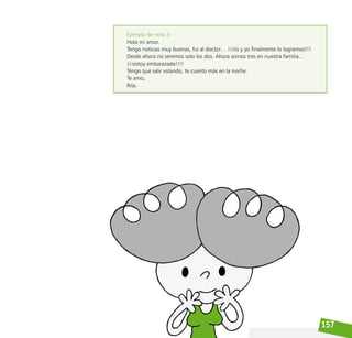 157
Ejemplo de nota 3:
Hola mi amor.
Tengo noticias muy buenas, fui al doctor… ¡¡¡tú y yo finalmente lo logramos!!!
Desde ahora no seremos solo los dos. Ahora somos tres en nuestra familia...
¡¡¡estoy embarazada!!!!
Tengo que salir volando, te cuento más en la noche.
Te amo,
Rita.
 