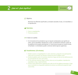 195
Objetivo:
Reconocer los diferentes significados y conceptos asociados al sexo, a la sexualidad y a
la reproducción.
Materiales:
• Pizarra o papelógrafos.
• Plumones gruesos.
A tener en cuenta:
• En el momento de la actividad en que se requiere contextualizar qué significa ser
varón, qué es sexualidad, reproducción y mujer, es importante comenzar a partir de
las palabras de los propios participantes. En caso de que el grupo se muestre tímido,
el facilitador o la facilitadora pueden comenzar dando algunas sugerencias.
Procedimiento: (20 minutos)
1. Divida la pizarra o el papelógrafo en cuatro columnas y pregunte a los participantes
sobre qué es lo primero que piensan cuando escuchan la palabra varón.
2. Escriba la palabra varón en la primera columna y haga una lista con las definiciones de
los participantes tal como sean dichas.
3. En las columnas restantes haga lo mismo, esta vez con las palabras: reproducción,
sexualidad y mujer, respectivamente.
4. Al final, lea las definiciones sugeridas para cada una de las palabras propuestas y haga
que se comenten las respuestas tratando de construir una definición grupal de cada
una de ellas.
¿Qué es? ¿Qué significa? 30 minutos
2
 