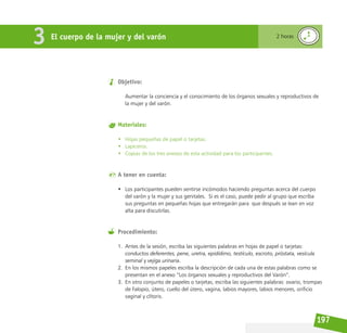 197
Objetivo:
Aumentar la conciencia y el conocimiento de los órganos sexuales y reproductivos de
la mujer y del varón.
Materiales:
• Hojas pequeñas de papel o tarjetas.
• Lapiceros.
• Copias de los tres anexos de esta actividad para los participantes.
A tener en cuenta:
• Los participantes pueden sentirse incómodos haciendo preguntas acerca del cuerpo
del varón y la mujer y sus genitales. Si es el caso, puede pedir al grupo que escriba
sus preguntas en pequeñas hojas que entregarán para que después se lean en voz
alta para discutirlas.
Procedimiento:
1. Antes de la sesión, escriba las siguientes palabras en hojas de papel o tarjetas:
conductos deferentes, pene, uretra, epidídimo, testículo, escroto, próstata, vesícula
seminal y vejiga urinaria.
2. En los mismos papeles escriba la descripción de cada una de estas palabras como se
presentan en el anexo “Los órganos sexuales y reproductivos del Varón”.
3. En otro conjunto de papeles o tarjetas, escriba las siguientes palabras: ovario, trompas
de Falopio, útero, cuello del útero, vagina, labios mayores, labios menores, orificio
vaginal y clítoris.
El cuerpo de la mujer y del varón 2 horas
3
 