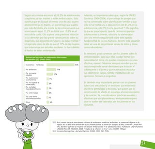 57
Según esta misma encuesta, el 26,2% de adolescentes
ucayalinas ya son madres o están embarazadas. Esto
significa que en Ucayali al menos una de cada cuatro
adolescentes ya es madre, un porcentaje que supera
por más del doble a la media de la costa peruana que
se encuentra en el 11,2% en Lima y en 10,9% en el
resto de la costa. Ello supone una gravísima violación
a sus derechos por las graves consecuencias sobre su
desarrollo, sus proyectos de futuro y su salud mental.22
Un ejemplo claro de ello es que el 17% de las mujeres
que interrumpe sus estudios escolares lo hace debido
al hecho de estar embarazada.
Además, es importante saber que, según la ENDES
Continua 2004-2006, el porcentaje de parejas que
no ha conversado sobre planificación familiar o que
solo lo ha hecho una o dos veces es del 81,2% en la
adolescencia y del 79,3 en la juventud.23
Ello significa,
lo que es preocupante, que de cada cinco parejas
adolescentes o jóvenes, solo una ha conversado
con una mínima regularidad sobre este aspecto
fundamental de la vida humana. Revertir esta situación
debe ser una de las primeras tareas de todos y todas
como educadores.
Es necesario pues conversar con los jóvenes sobre la
anticoncepción, para que ellos puedan tomar con
naturalidad el tema y lo puedan incorporar a su vida
afectiva y sexual. Debemos siempre recordar que no
nos corresponde tomar decisiones que le tocan al
adolescente o al joven y que es necesario escuchar
sus razones sin juzgar, siendo respetuosos de sus
opiniones, temores o angustias.
Es también muy importante pensar con los jóvenes
sobre una sexualidad y un erotismo que estén más
allá de la genitalidad y del coito, que pasen por la
construcción de afecto en la pareja, el enamoramiento
y las caricias. Se trata de valorar prácticas sexuales y
afectivas que son placenteras y enriquecedoras pero
que no suelen ser valoradas por los jóvenes en sus
discursos.
[22] Aun cuando parte de este elevado número de embarazos puede ser atribuida a la presencia indígena en la
región, ella es muy alta también en las localidades donde la población indígena es baja, como en Coronel Por-
tillo, donde el 22% de las mujeres han estado embarazadas en la adolescencia (cfr.: FONDO DE LAS NACIONES
UNIDAS PARA LA INFANCIA 2008. “Estado de la niñez en el Perú”. Lima. UNICEF. 155pp).
[23] Encuesta Demográfica y de Salud Familiar, ENDES 2000. INEI, PERÚ.
 