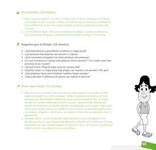 69
Procedimiento: (35 minutos)
1. Pida a cada participante que llene su mapa social en forma individual. En el círculo
central debe escribir su propio nombre (o un dibujo que lo simbolice) y alrededor de
él los nombres de las personas según el ámbito social y su grado de cercanía. (20
minutos)
2. Una vez lleno el mapa, pida que lo compartan en parejas. La pareja se selecciona
buscando dentro del grupo al participante que menos se conoce. (15 minutos)
Preguntas para el diálogo: (30 minutos)
• ¿Qué descubrieron y aprendieron al rellenar su mapa social?
• ¿Las personas más próximas son varones o mujeres?
• ¿Qué momentos comparten con estas personas más próximas?
• ¿En qué momentos se sienten más próximos de los varones? ¿Y en cuáles están más
próximos de las mujeres?
• ¿De qué forma influye el mapa social en nuestra vida?
• ¿Quiénes tienen un mapa social más amplio, las mujeres o los varones? ¿Por qué?
• ¿Qué podemos hacer para fortalecer nuestros mapas sociales?
• ¿Cómo perciben la diferencia de género tras realizar el ejercicio?
Cierre. Ideas fuerza: (15 minutos)
• Mencione que, al contrario de lo que muchas veces aseguran los varones, no hay
nadie que pueda vivir o construirse solo. Todas las personas necesitamos de otras
personas para desarrollarnos emocional, social y económicamente. Así, los mapas
sociales son fundamentales para construir vínculos interpersonales afectivos que
ayuden al crecimiento y desarrollo humano. Se puede decir que a mayor mapa social,
mayor salud mental, pues en la medida en que se cuenta con personas significativas
con quiénes compartir e identificarse, se establecen relaciones que permiten crecer y
desarrollarse.
• Comente que los círculos de jóvenes suelen burlarse e incluso ser agresivos con
aquellos que buscan una masculinidad alternativa, diferente de la tradicional. Es muy
importante que estos jóvenes busquen fortalecer sus lazos con mujeres y varones que
valoran varones más justos y menos competitivos.
 