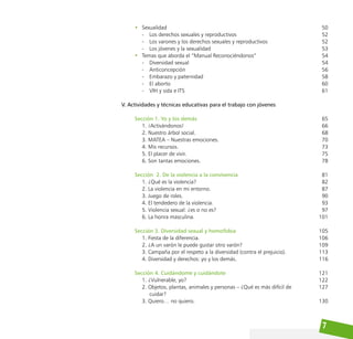 7
• Sexualidad
- Los derechos sexuales y reproductivos
- Los varones y los derechos sexuales y reproductivos
- Los jóvenes y la sexualidad
• Temas que aborda el “Manual Reconociéndonos”
- Diversidad sexual
- Anticoncepción
- Embarazo y paternidad
- El aborto
- VIH y sida e ITS
V. Actividades y técnicas educativas para el trabajo con jóvenes
Sección 1. Yo y los demás
1. ¡Activándonos!
2. Nuestro árbol social.
3. MATEA – Nuestras emociones.
4. Mis recursos.
5. El placer de vivir.
6. Son tantas emociones.
Sección 2. De la violencia a la convivencia
1. ¿Qué es la violencia?
2. La violencia en mi entorno.
3. Juego de roles.
4. El tendedero de la violencia.
5. Violencia sexual: ¿es o no es?
6. La honra masculina.
Sección 3. Diversidad sexual y homofobia
1. Fiesta de la diferencia.
2. ¿A un varón le puede gustar otro varón?
3. Campaña por el respeto a la diversidad (contra el prejuicio).
4. Diversidad y derechos: yo y los demás.
Sección 4. Cuidándome y cuidándote
1. ¿Vulnerable, yo?
2. Objetos, plantas, animales y personas – ¿Qué es más difícil de
cuidar?
3. Quiero… no quiero.
50
52
52
53
54
54
56
58
60
61
65
66
68
70
73
75
78
81
82
87
90
93
97
101
105
106
109
113
116
121
122
127
130
 