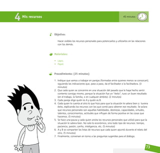 73
Mis recursos
4 45 minutos
Objetivo:
Hacer visibles los recursos personales para potenciarlos y utilizarlos en las relaciones
con los demás.
Materiales:
• Lápiz.
• Papel.
Procedimiento: (25 minutos)
1. Indique que vamos a trabajar en parejas (formadas entre quienes menos se conozcan);
siguiendo las indicaciones que, paso a paso, da el facilitador o la facilitadora. (3
minutos)
2. Que cada quien se concentre en una situación del pasado que le haya hecho sentir
contento consigo mismo, porque la situación fue un “éxito”, tuvo un buen resultado
(en el trabajo, la familia, o en cualquier ámbito). (2 minutos)
3. Cada pareja elige quién es A y quién es B.
4. Cada quien le cuenta al otro lo que hizo para que la situación le saliera bien o tuviera
éxito, explicando los recursos con los que contó para obtener ese resultado. Se aclara
que recursos personales son aquellas habilidades, destrezas, capacidades, virtudes,
talentos, conocimientos, actitudes que influyen de forma positiva en las cosas que
hacemos. (5 minutos)
5. Se hace una pausa y cada quien anota los recursos personales que utilizó para que la
situación le saliera bien. No solo lo económico, sino todo tipo de recursos: tiempo,
paciencia, pasión, cariño, inteligencia, etc. (5 minutos)
6. A y B se comparten las listas de recursos que cada quien apuntó durante el relato del
otro. (5 minutos)
7. Finalmente, conversen en torno a las preguntas sugeridas para el diálogo.
 