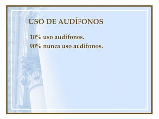USO DE AUDÍFONOS 10% uso audífonos. 90% nunca uso audífonos. 