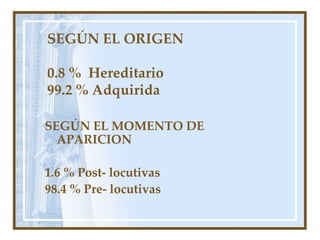 SEGÚN EL ORIGEN 0.8 %  Hereditario 99.2 % Adquirida SEGÚN EL MOMENTO DE APARICION 1.6 % Post- locutivas 98.4 % Pre- locutivas 