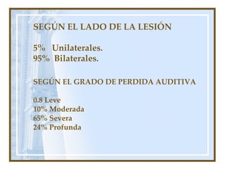 SEGÚN EL LADO DE LA LESIÓN 5%  Unilaterales. 95%  Bilaterales. SEGÚN EL GRADO DE PERDIDA AUDITIVA 0.8 Leve 10% Moderada 65% Severa 24% Profunda 