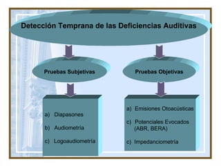 a)  Diapasones b)  Audiometría c)  Logoaudiometría Emisiones Otoacústicas Potenciales Evocados  (ABR, BERA)  c)  Impedanciometría Pruebas Objetivas Pruebas Subjetivas Detección Temprana de las Deficiencias Auditivas 