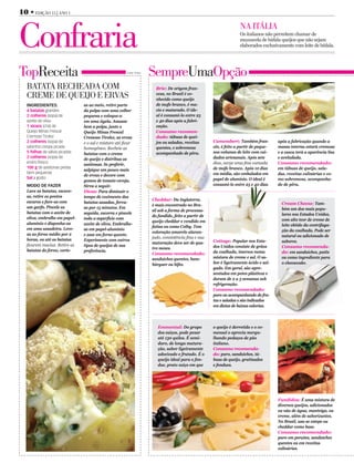 10 • EDIÇÃO 15 | ANO 1



Confraria                                                                                                             NA ITÁLIA
                                                                                                                      Os italianos não permitem chamar de
                                                                                                                      muzzarela de búfala queijos que não sejam
                                                                                                                      elaborados exclusivamente com leite de búfala.




TopReceita                                             Fonte: Tirolez
                                                                        SempreUmaOpção
   BATATA RECHEADA COM                                                    Brie: De origem fran-
   CREME DE QUEIJO E ERVAS                                                cesa, no Brasil é co-
                                                                          nhecido como queijo
   INGREDIENTES:                as ao meio, retire parte                  de mofo branco, é ma-
   4 batatas grandes            da polpa com uma colher                   cio e maturado. O ide-
   2 colheres (sopa) de         pequena e coloque-a                       al é consumi-lo entre 25
   azeite de oliva              em uma tigela. Amasse                     e 40 dias após a fabri-
   1 xícara (chá) de            bem a polpa, junte o                      cação.
   Queijo Minas Frescal         Queijo Minas Frescal                      Consumo recomen-
   Cremoso Tirolez              Cremoso Tirolez, as ervas                 dado: tábuas de quei-
   2 colheres (sopa) de         e o sal e misture até ﬁcar                jos ou saladas, receitas      Camembert: Também fran-           após a fabricação quando a
   salsinha crespa picada       homogêneo. Recheie as                     quentes, e sobremesa          cês, é feito a partir de peque-   massa interna estará cremosa
   5 folhas de sálvia picadas   batatas com o creme                       acompanhado de pêra.          nos volumes de leite com cui-     e a casca terá a aparência lisa
   2 colheres (sopa) de                                                                                 dados artesanais. Após sete       e aveludada.
                                de queijo e distribua as
   endro fresco                                                                                         dias, surge uma ﬁna camada        Consumo recomendado:
                                azeitonas. Se preferir,
   100 g de azeitonas pretas                                                                            de mofo branco. Após 12 dias      em tábuas de queijo, sala-
                                salpique um pouco mais
   bem pequenas                                                                                         em média, são embalados em        das, receitas culinárias e co-
                                de ervas e decore com
   Sal a gosto                                                                                          papel de alumínio. O ideal é      mo sobremesa, acompanha-
                                gomos de tomate-cereja.
   MODO DE FAZER                Sirva a seguir.                                                         consumi-lo entre 25 e 40 dias     do de pêra.
   Lave as batatas, escove-     Dicas: Para diminuir o
   as, retire os pontos         tempo de cozimento das
                                                                        Cheddar: Da Inglaterra,
   escuros e fure-as com        batatas assadas, ferva-                                                                                     Cream Cheese: Tam-
                                                                        é mais encontrado no Bra-
   um garfo. Pincele as         as por 15 minutos. Em                                                                                       bém um dos mais popu-
                                                                        sil sob a forma de processa-
   batatas com o azeite de      seguida, escorra e pincele                                                                                  lares nos Estados Unidos,
                                                                        do fundido, feito a partir de
   oliva, embrulhe em papel-    toda a superfície com                                                                                       com alto teor de creme de
                                                                        queijo cheddar e vendido em
   alumínio e disponha-as       azeite de oliva. Embrulhe-                                                                                  leite obtido da centrifuga-
                                                                        fatias ou como Colby. Tem
   em uma assadeira. Leve-      as em papel-alumínio                                                                                        ção da coalhada. Pode ser
                                                                        coloração amarelo alaran-
   as ao forno médio por 2      e asse em forno quente.                                                                                     natural ou adicionado de
                                                                        jado, consistência ﬁna e sua
   horas, ou até as batatas     Experimente com outros                                                  Cottage: Popular nos Esta-          sabores.
                                                                        maturação deve ser de qua-
   ﬁcarem macias. Retire as     tipos de queijos de sua                                                 dos Unidos consiste de grãos        Consumo recomenda-
                                                                        tro meses.
   batatas do forno, corte-     preferência.                                                            da coalhada, imersos numa           do: em sanduíches, patês
                                                                        Consumo recomendado:
                                                                        sanduíches quentes, ham-        mistura de creme e sal. O sa-       ou como ingrediente para
                                                                        búrguer ou bifes.               bor é ligeiramente ácido e sal-     o cheesecake.
                                                                                                        gado. Em geral, são apre-
                                                                                                        sentados em potes plásticos e
                                                                                                        duram de 2 a 3 semanas sob
                                                                                                        refrigeração.
                                                                                                        Consumo recomendado:
                                                                                                        puro ou acompanhando de fru-
                                                                                                        tas e saladas e são indicados
                                                                                                        em dietas de baixas calorias.



                                                                           Emmental: Do grupo           o queijo é derretido e o co-
                                                                           dos suíços, pode pesar       mensal o aprecia mergu-
                                                                           até 130 quilos. É semi-      lhando pedaços de pão
                                                                           duro, de longa matura-       italiano.
                                                                           ção, sabor ligeiramente      Consumo recomenda-
                                                                           adocicado e frutado. É o     do: puro, sanduíches, tá-
                                                                           queijo ideal para o fon-     buas de queijo, gratinados
                                                                           due, prato suíço em que      e fondues.




                                                                                                                                          Fundidos: É uma mistura de
                                                                                                                                          diversos queijos, adicionados
                                                                                                                                          ou não de água, manteiga, ou
                                                                                                                                          creme, além de saborizantes.
                                                                                                                                          No Brasil, usa-se estepe ou
                                                                                                                                          cheddar como base.
                                                                                                                                          Consumo recomendado:
                                                                                                                                          puro em porções, sanduíches
                                                                                                                                          quentes ou em receitas
                                                                                                                                          culinárias.
 