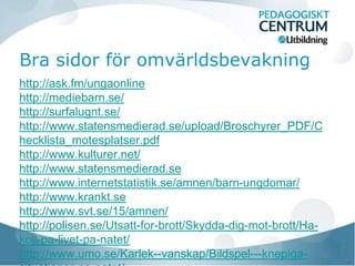 Bra sidor för omvärldsbevakning
http://ask.fm/ungaonline
http://mediebarn.se/
http://surfalugnt.se/
http://www.statensmedierad.se/upload/Broschyrer_PDF/C
hecklista_motesplatser.pdf
http://www.kulturer.net/
http://www.statensmedierad.se
http://www.internetstatistik.se/amnen/barn-ungdomar/
http://www.krankt.se
http://www.svt.se/15/amnen/
http://polisen.se/Utsatt-for-brott/Skydda-dig-mot-brott/Ha-
koll-pa-livet-pa-natet/
http://www.umo.se/Karlek--vanskap/Bildspel---knepiga-
 