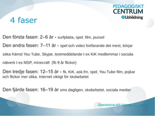 4 faser
Den första fasen: 2–6 år - surfplatta, spel, film, pussel
Den andra fasen: 7–11 år - spel och video fortfarande det mest, börjar
söka främst You Tube, Skype, textmeddelande t ex KiK medlemmar i sociala
nätverk t ex MSP, minecraft (fb 9 år flickor)
Den tredje fasen: 12–15 år - fb, KiK, ask.fm, spel, You Tube film, pojkar
och flickor mer olika. Internet viktigt för skolarbetet
Den fjärde fasen: 16–19 år sms dagligen, skolarbetet, sociala medier
(Svenskarna och Internet 2013 av ii.se)
 