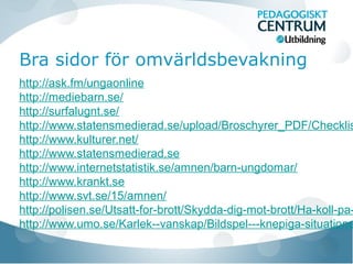 Bra sidor för omvärldsbevakning
http://ask.fm/ungaonline
http://mediebarn.se/
http://surfalugnt.se/
http://www.statensmedierad.se/upload/Broschyrer_PDF/Checklis
http://www.kulturer.net/
http://www.statensmedierad.se
http://www.internetstatistik.se/amnen/barn-ungdomar/
http://www.krankt.se
http://www.svt.se/15/amnen/
http://polisen.se/Utsatt-for-brott/Skydda-dig-mot-brott/Ha-koll-pa-
http://www.umo.se/Karlek--vanskap/Bildspel---knepiga-situatione
 