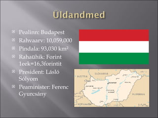 Pealinn: Budapest Rahvaarv: 10,059,000 Pindala: 93,030 km² Rahaühik: Forint 1eek=16,3forintit President: Lásló Sólyom Peaminister: Ferenc Gyurcsány 