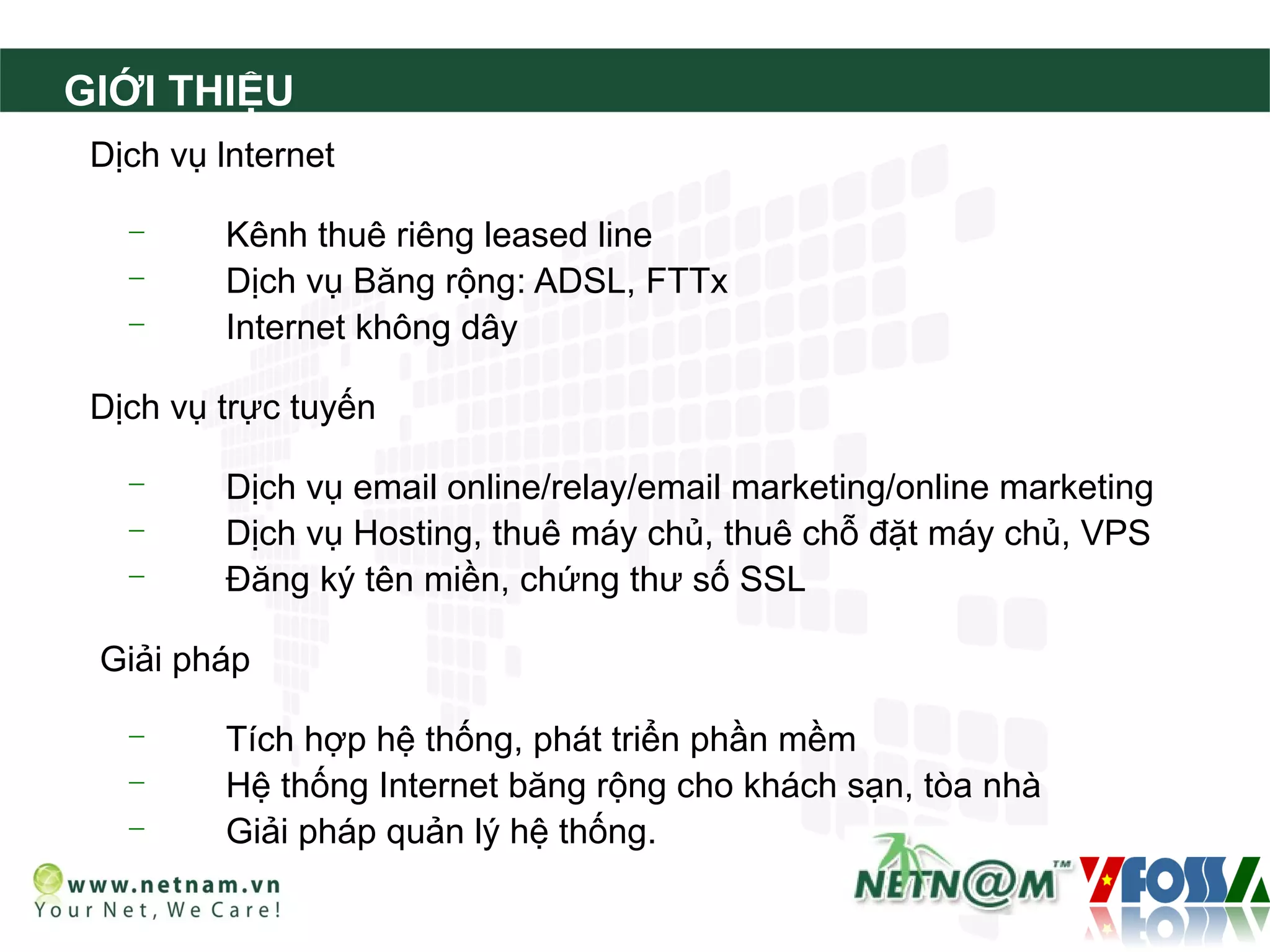 GIỚI THIỆU
 Dịch vụ lnternet

   -     Kênh thuê riêng leased line
   -     Dịch vụ Băng rộng: ADSL, FTTx
   -     Internet không dây

 Dịch vụ trực tuyến

   -     Dịch vụ email online/relay/email marketing/online marketing
   -     Dịch vụ Hosting, thuê máy chủ, thuê chỗ đặt máy chủ, VPS
   -     Đăng ký tên miền, chứng thư số SSL

 Giải pháp

   -     Tích hợp hệ thống, phát triển phần mềm
   -     Hệ thống Internet băng rộng cho khách sạn, tòa nhà
   -     Giải pháp quản lý hệ thống.
 