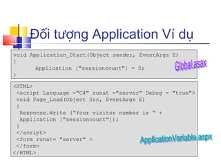 Đối tượng Application Ví dụ
void Application_Start(Object sender, EventArgs E)
{
       Application ["sessioncount"] = 0;
}

<HTML>
 <script Language ="C#" runat ="server" Debug = "true">
 void Page_Load(Object Src, EventArgs E)
 {
   Response.Write (“Your visitor number is “ +
   Application ["sessioncount"]);
 }
 </script>
 <form runat= "server" >
 </form>
</HTML>
 