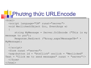 Phương thức URLEncode
<html>
  <script language="C#" runat="server">
  void Meclicked(Object Src, EventArgs e)
  {
       string MyMessage = Server.UrlEncode ("This is my
message to you");
       Response.Redirect ("Array.aspx?MessageTB=" +
MyMessage);
  }
  </script>
  <form runat ="server">
  <asp:button id = "btnClick" onclick = "Meclicked"
Text = "Click me to send messages" runat = "server"/>
  </form>
</html>
 