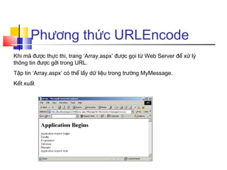 Phương thức URLEncode
Khi mã được thực thi, trang ‘Array.aspx’ được gọi từ Web Server để xử lý
thông tin được gởi trong URL.
Tập tin ‘Array.aspx’ có thể lấy dữ liệu trong trường MyMessage.
Kết xuất
 
